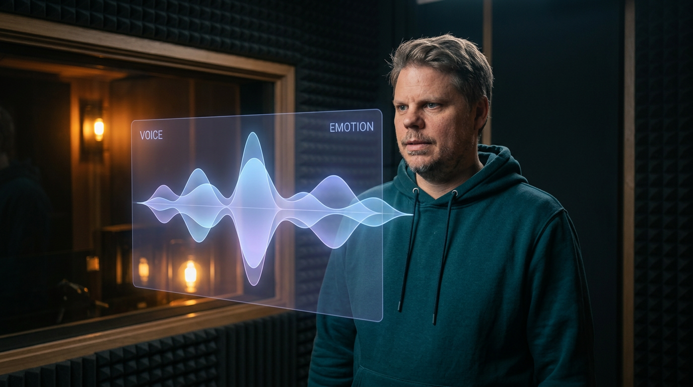 Jan Sverre i lydstudio ser på holografisk visning av adskilte stemmebølger for identitet og emosjon