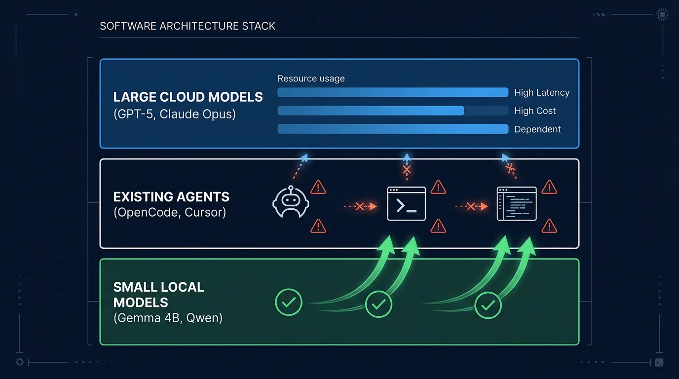 Arkitekturdiagram som viser hvorfor eksisterende coding agents feiler med små lokale modeller