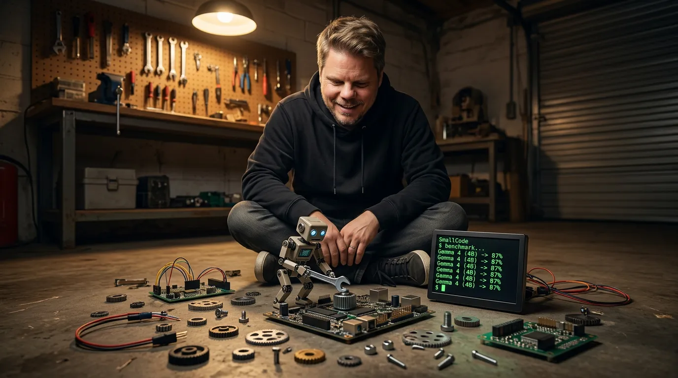 Jan Sverre på gulvet med en liten robot som koder - SmallCode agent for lokale modeller