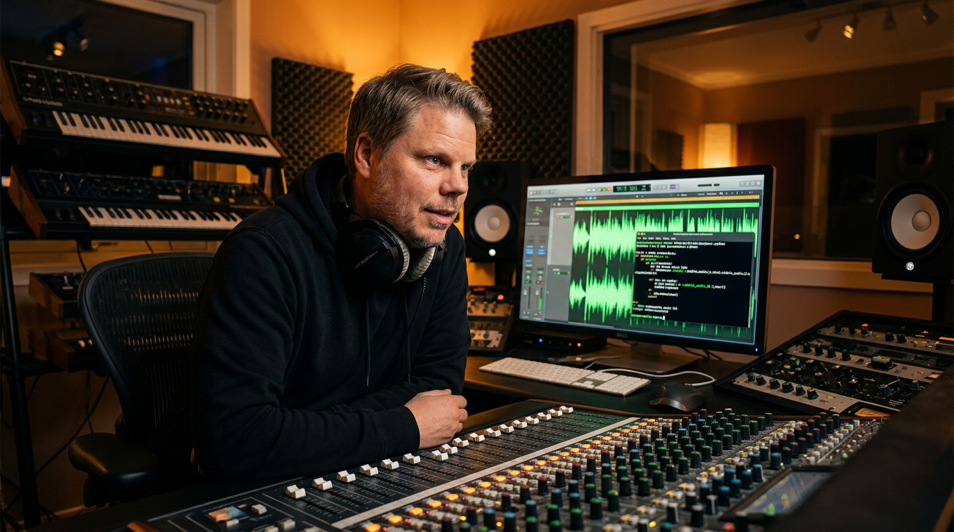 Jan Sverre ved mixebord i hjemmestudio med Stable Audio 3 lydgenerering på skjerm