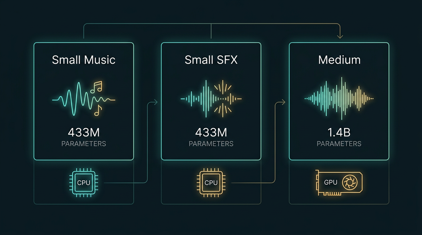 Oversikt over Stable Audio 3 modeller - Small Music, Small SFX og Medium med parameterantal