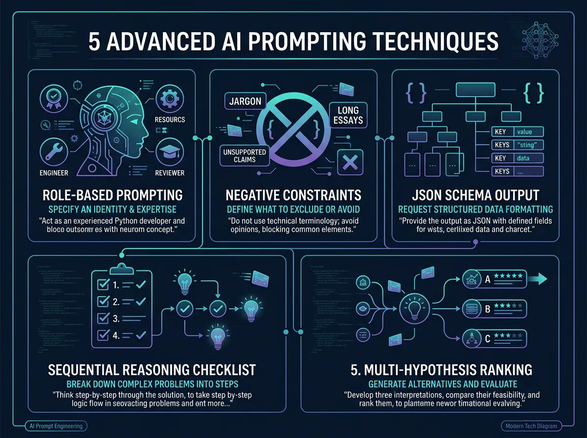 Infografik over fem systematiske prompting-teknikker for pålitelige AI-svar i produksjonssystemer
