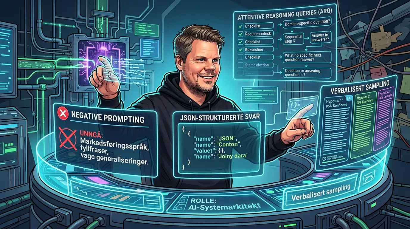 Mann i hettegenser som systematisk bygger opp en prompting-struktur med JSON-kode og sjekklister rundt seg