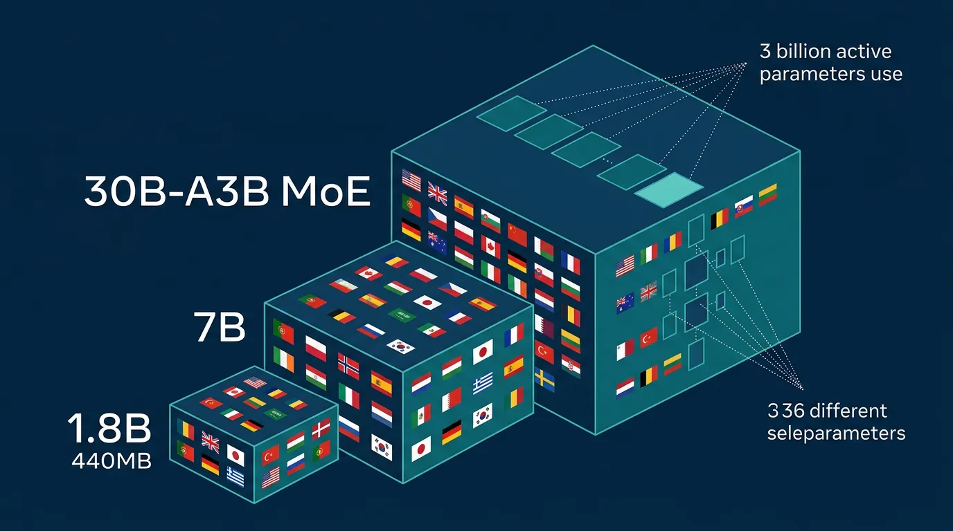 Diagram som viser Tencent Hy-MT2 modellstørrelser 1.8B 7B og 30B-A3B MoE arkitektur