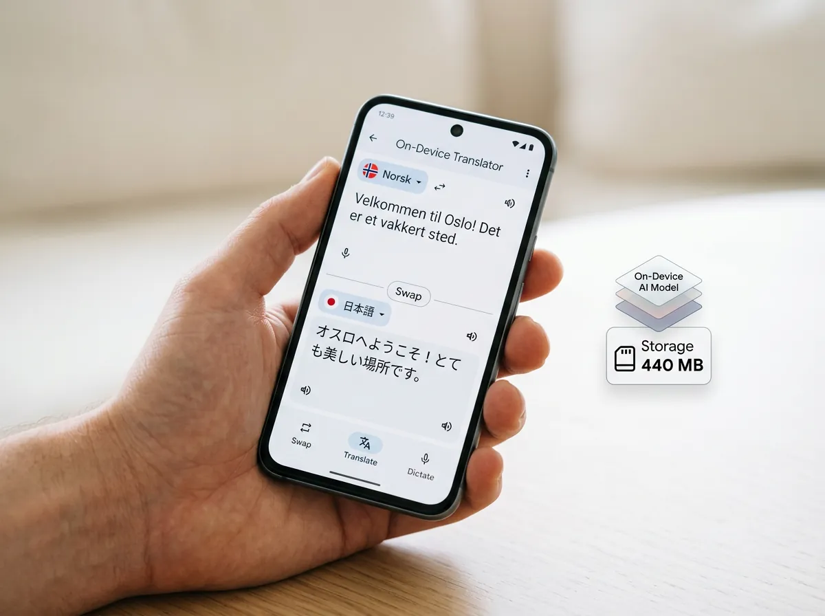 Smarttelefon med AI-oversettelsesapp som viser Hy-MT2 1.8B on-device kjøring på 440 MB