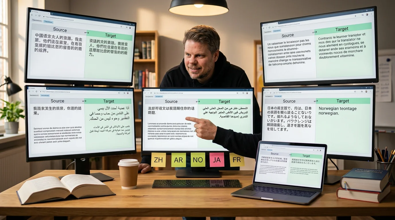 Jan Sverre ved oversetterbord med skjermer som viser tekst på mange språk - Tencent Hy-MT2 AI-oversettelse