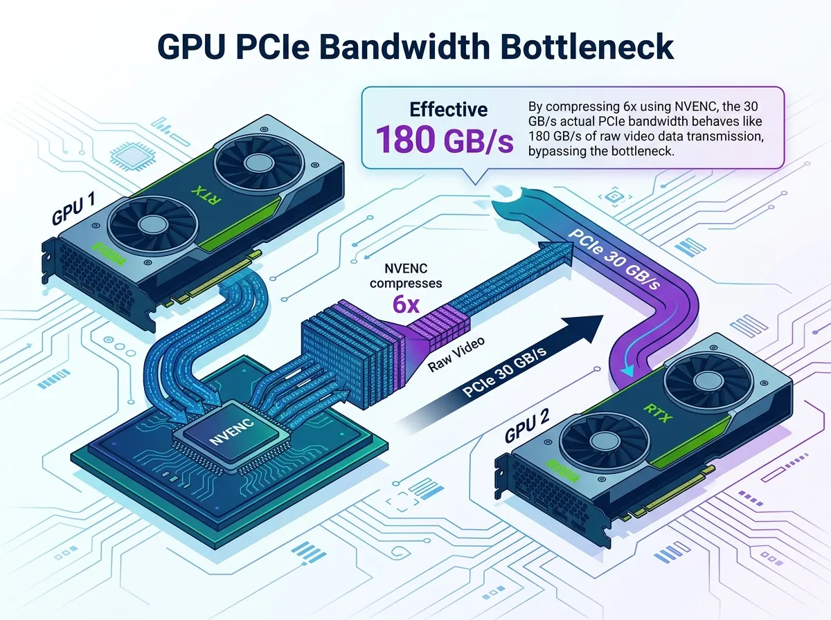 Infografikk som viser PCIe-båndbredde-bottleneck mellom to NVIDIA GPU-er og hvordan NVENC-komprimering gir 180 GB/s effektiv båndbredde