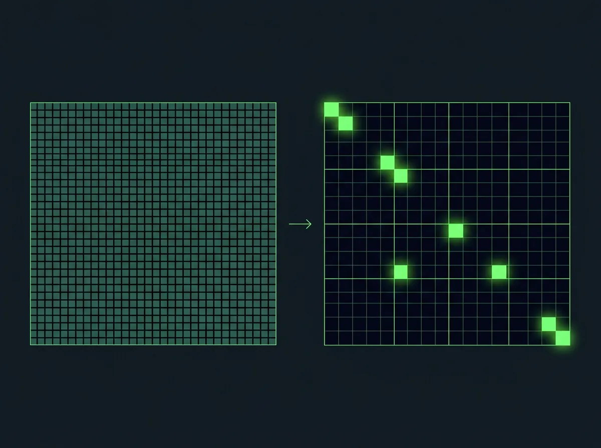 Visualisering av LLM-matrisesparsity: tett matrise til venstre kontra TwELL sparse format med 99,5% nullverdier til høyre