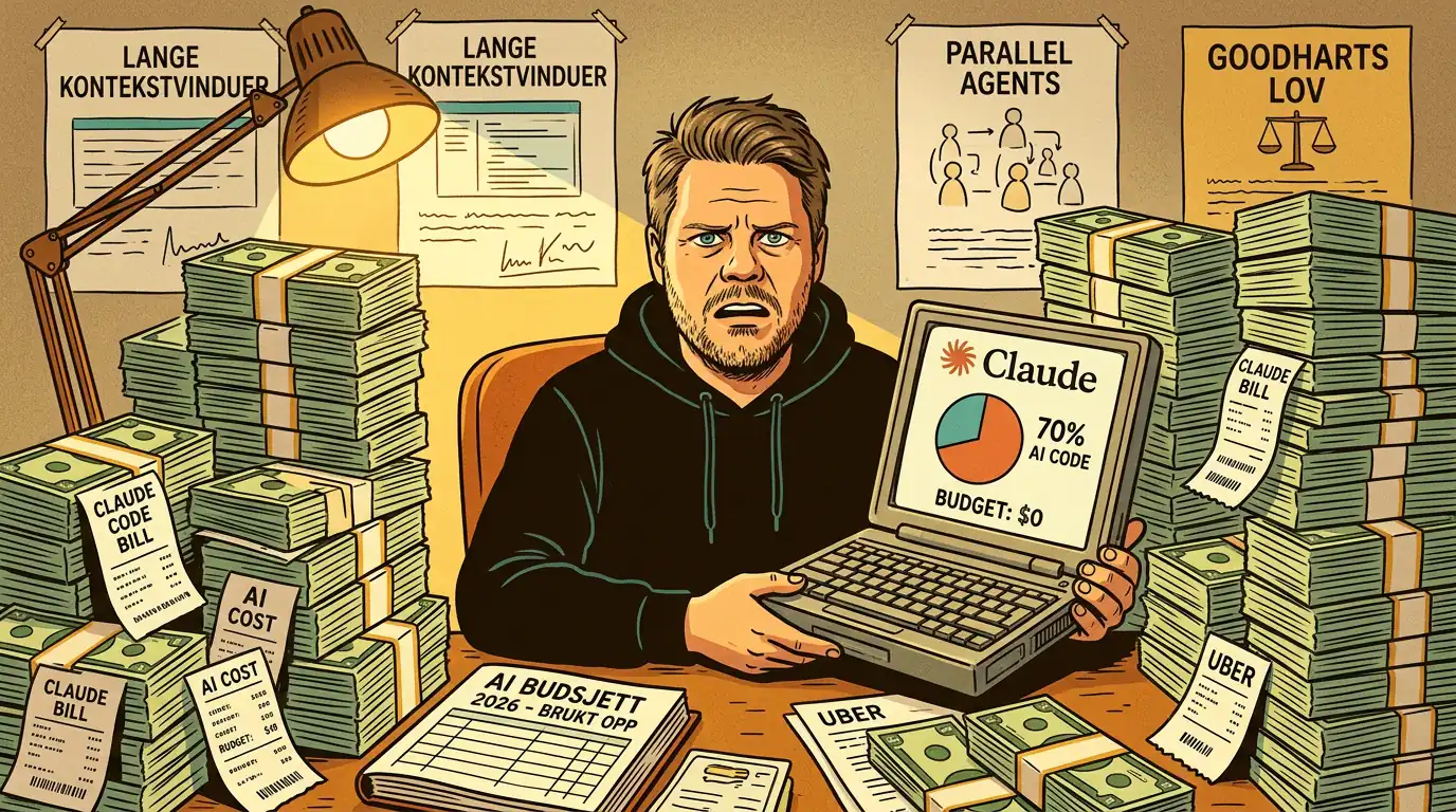 Jan Sverre omringet av dollar-sedler og kvitteringer med Claude Code åpen på laptop - illustrasjon av Ubers AI-budsjettsprekk