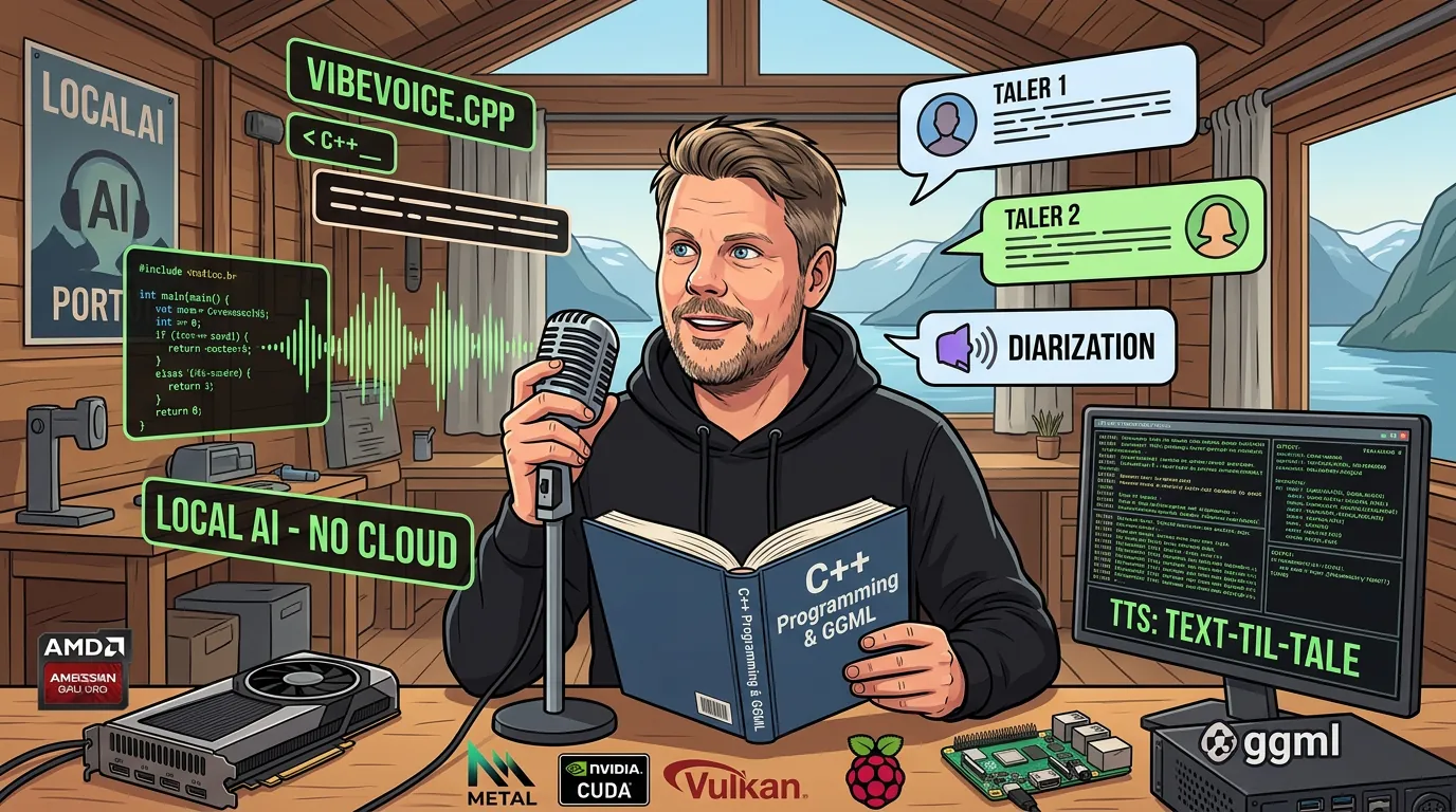 Jan Sverre utforsker vibevoice.cpp - Microsofts lokale tale-AI med speaker diarization og TTS på CPU og GPU