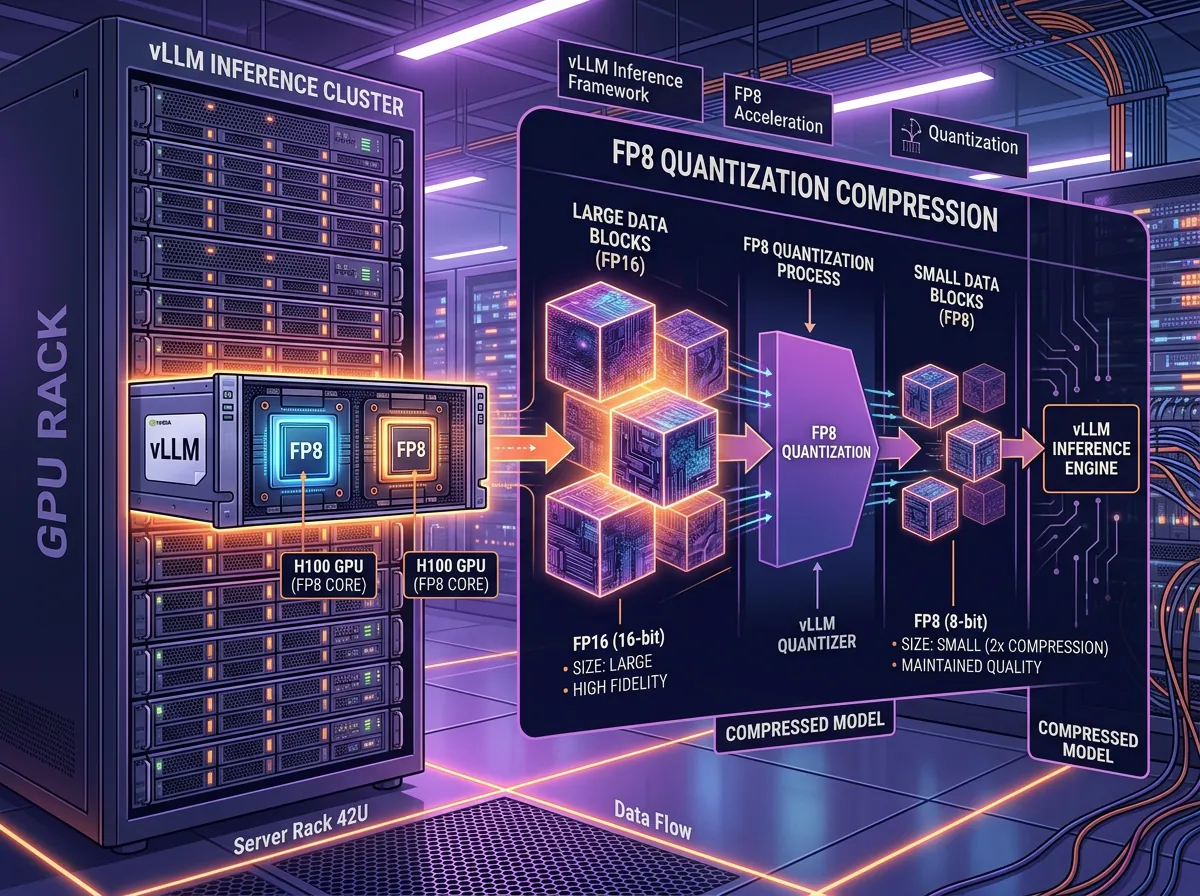 GPU-server med vLLM inferens-rammeverk og FP8-kvantisering for lokale LLM-modeller