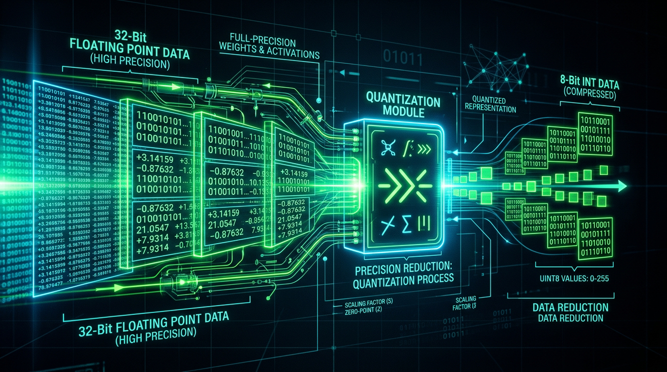 Visualisering av W8A8-quantization som komprimerer LLM-parametere fra 16-bit til 8-bit