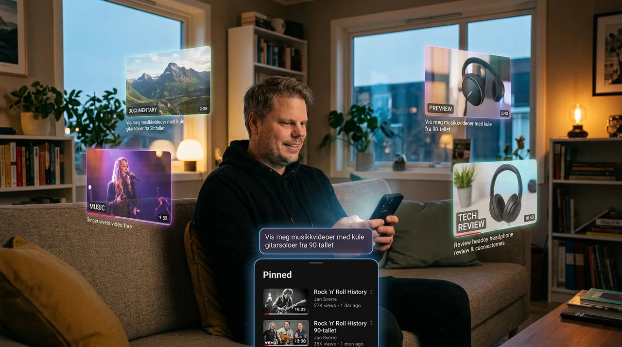 Jan Sverre blar gjennom en tilpasset YouTube AI-videofeed på telefonen