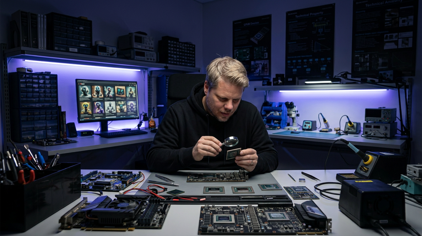 Jan Sverre undersøker GPU-brikker på et laboratoriebenk med skjermer som viser Z-Image 6B bildegenerering