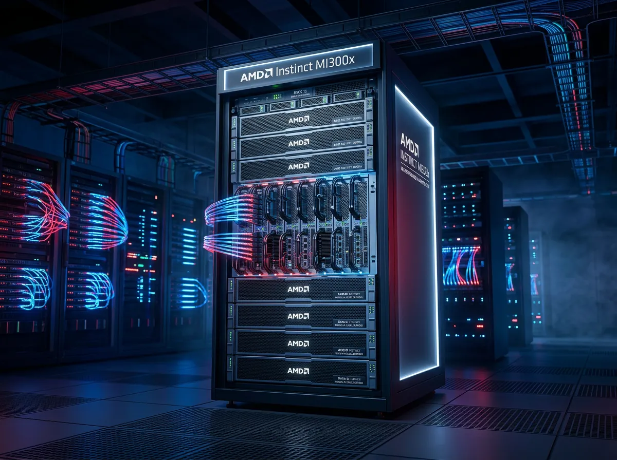 AMD Instinct MI300x server-rack i datasenter - treningsinfrastrukturen bak ZAYA1-8B med 1024 noder koblet via AMD Pensando Pollara