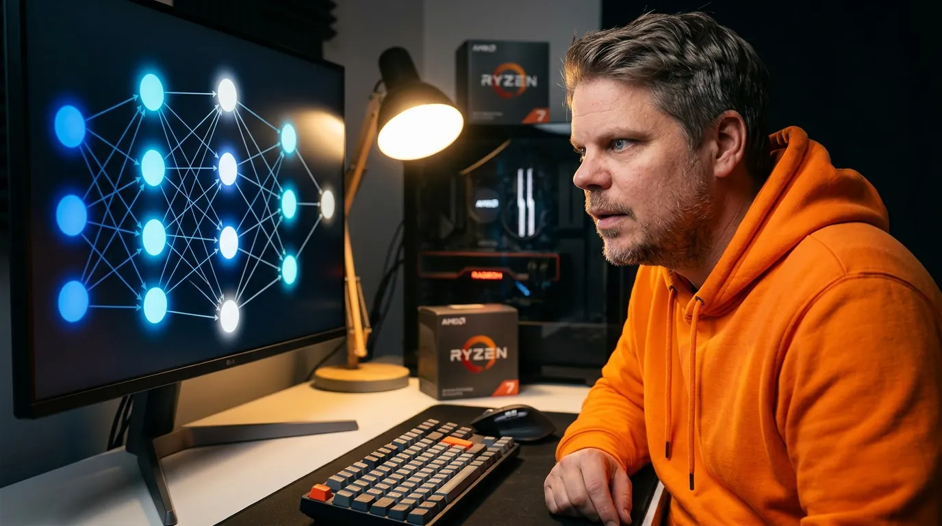 Jan Sverre studerer et Mixture of Experts-nettverksdiagram som viser ZAYA1-8B sin selektive parameteraktivering med AMD-hardware i bakgrunnen