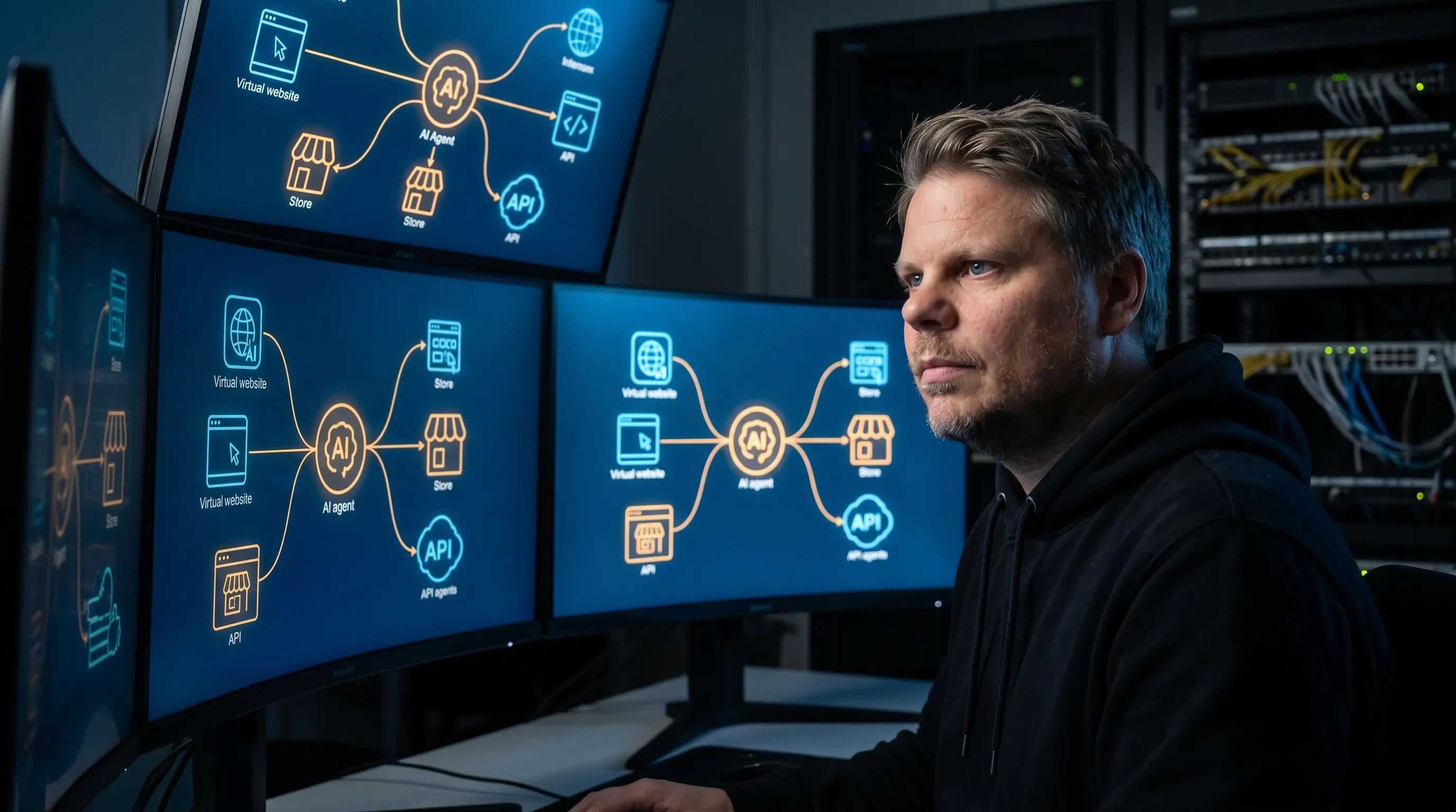 Jan Sverre ser på skjermer som viser AI-agenter som handler og navigerer på vegne av brukere