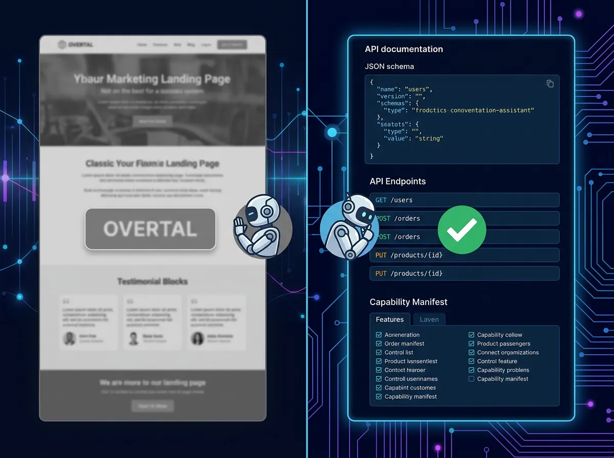 Illustrasjon som viser forskjellen mellom en overtalelses-landingsside agenter ignorerer og strukturerte API-docs agenter foretrekker