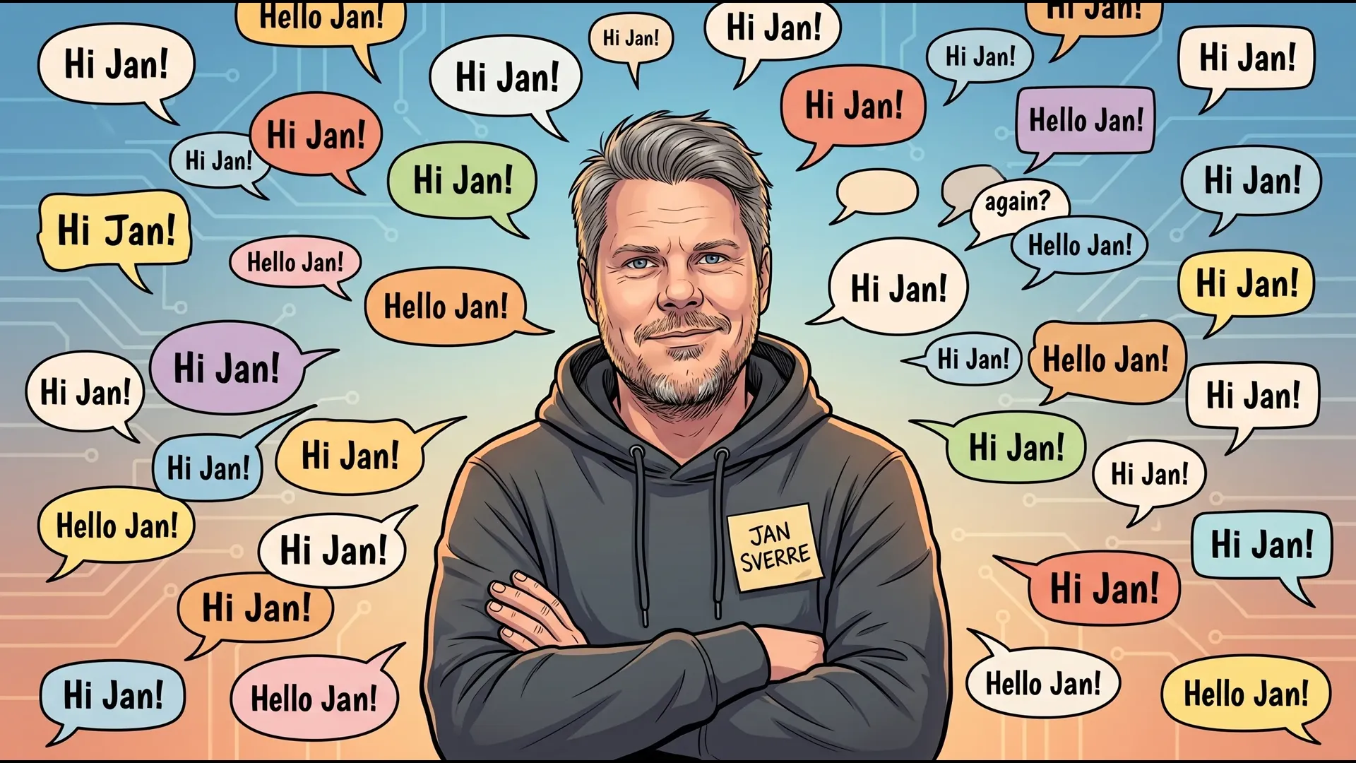 Jan Sverre med klistrelapp på brystet med sitt fulle navn, omgitt av pratebobler fra AI-assistenter som alle skriver feil navn