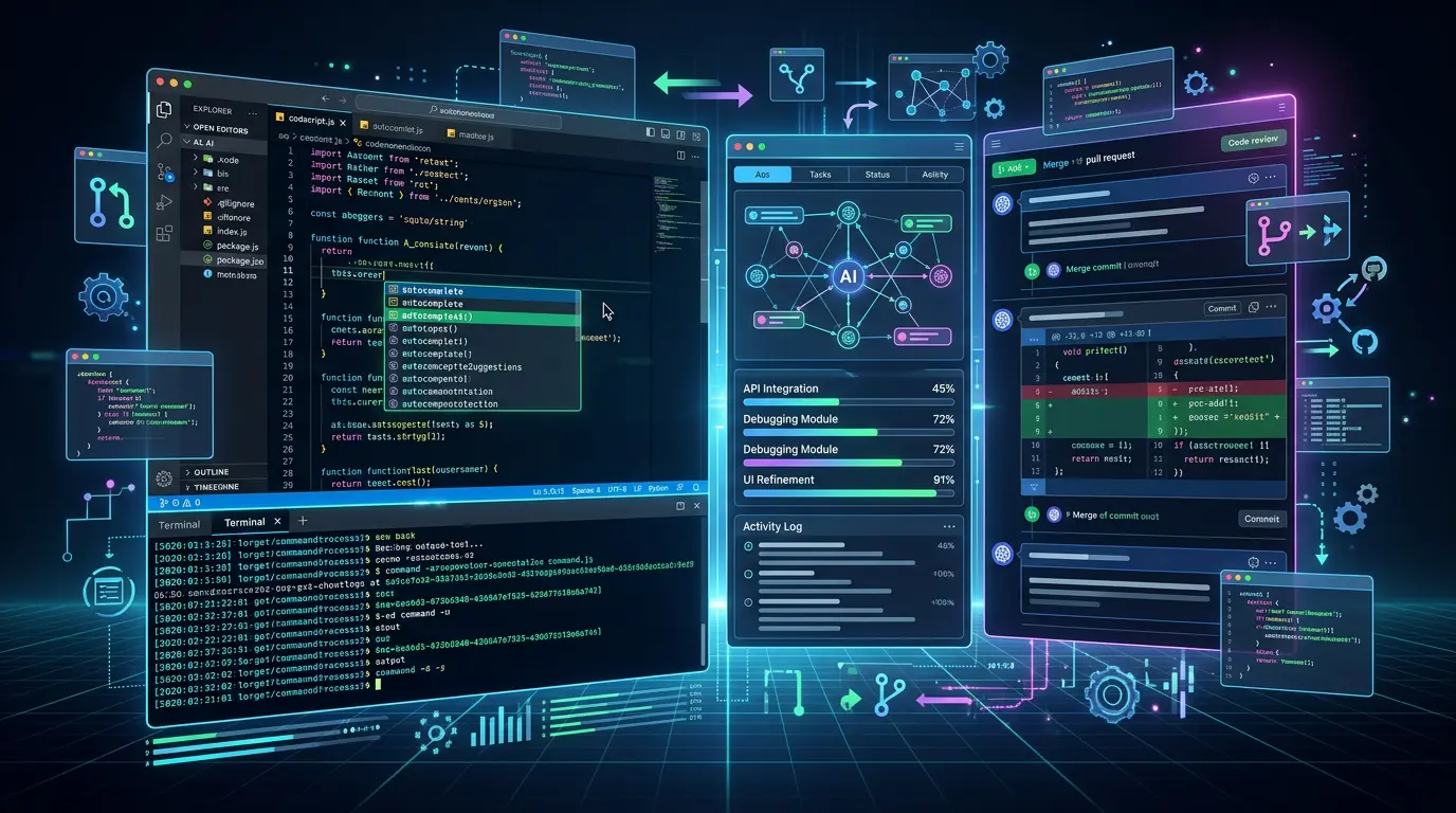 Abstrakt visualisering av ulike AI-kodeverktøy med IDE-paneler, terminaler og agent-dashboards