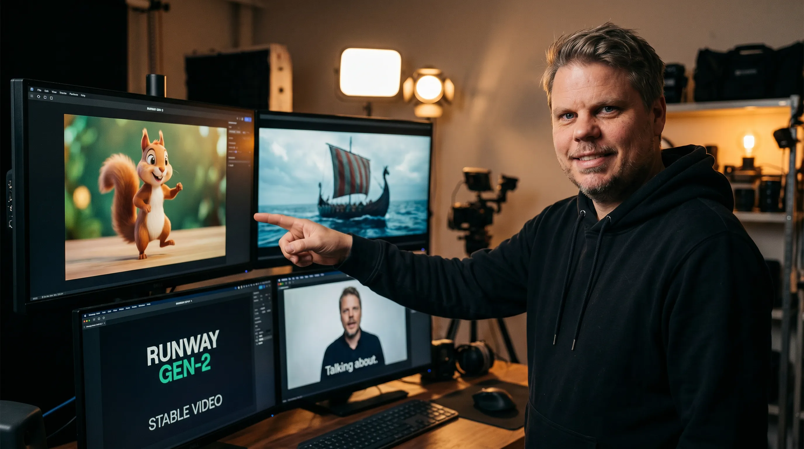 Jan Sverre ved et videoredigeringsoppsett med flere skjermer som viser ulike AI-genererte videoklipp