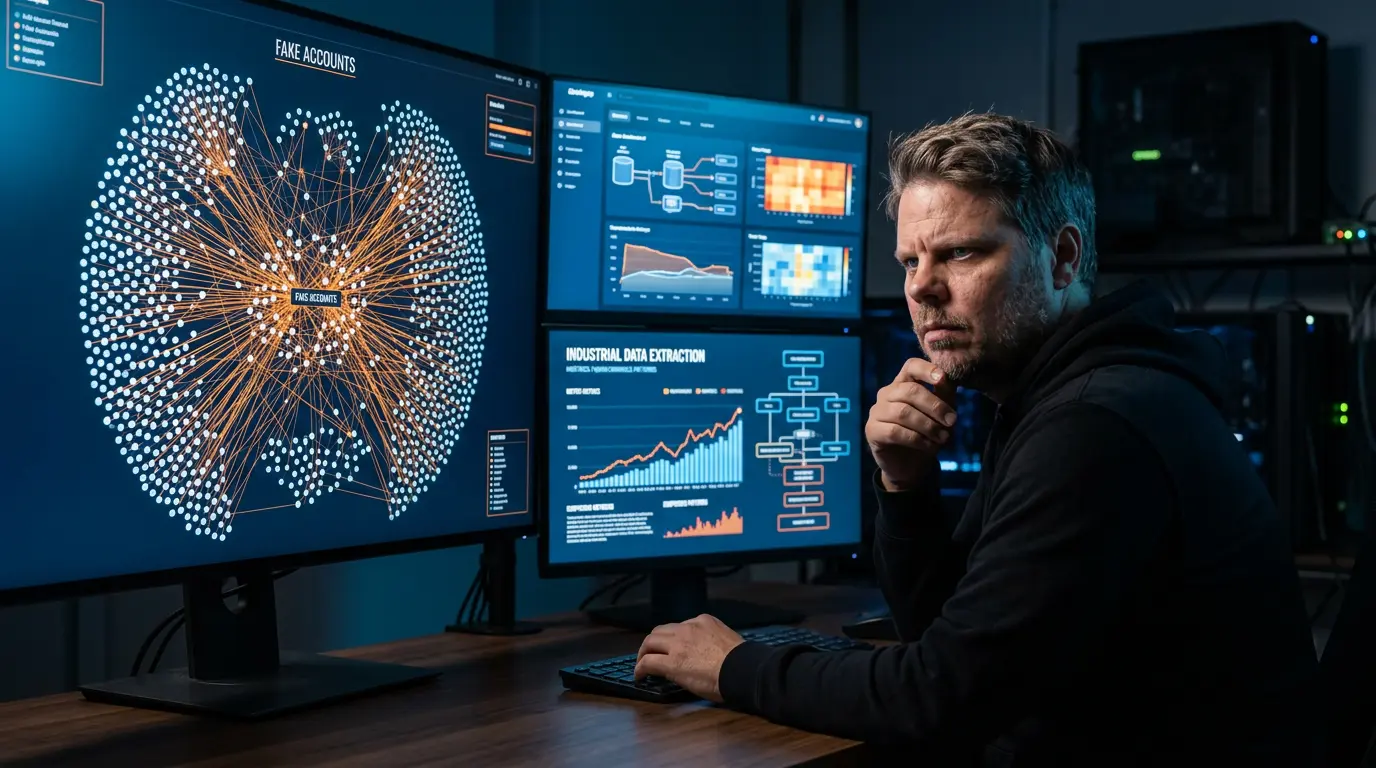 Mann i hettegenser studerer skjermer med data fra massivt AI-kloningsangrep
