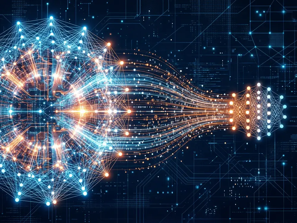 Abstrakt visualisering av AI-distillation: datastrømmer fra stor frontier-modell til liten konkurrentmodell