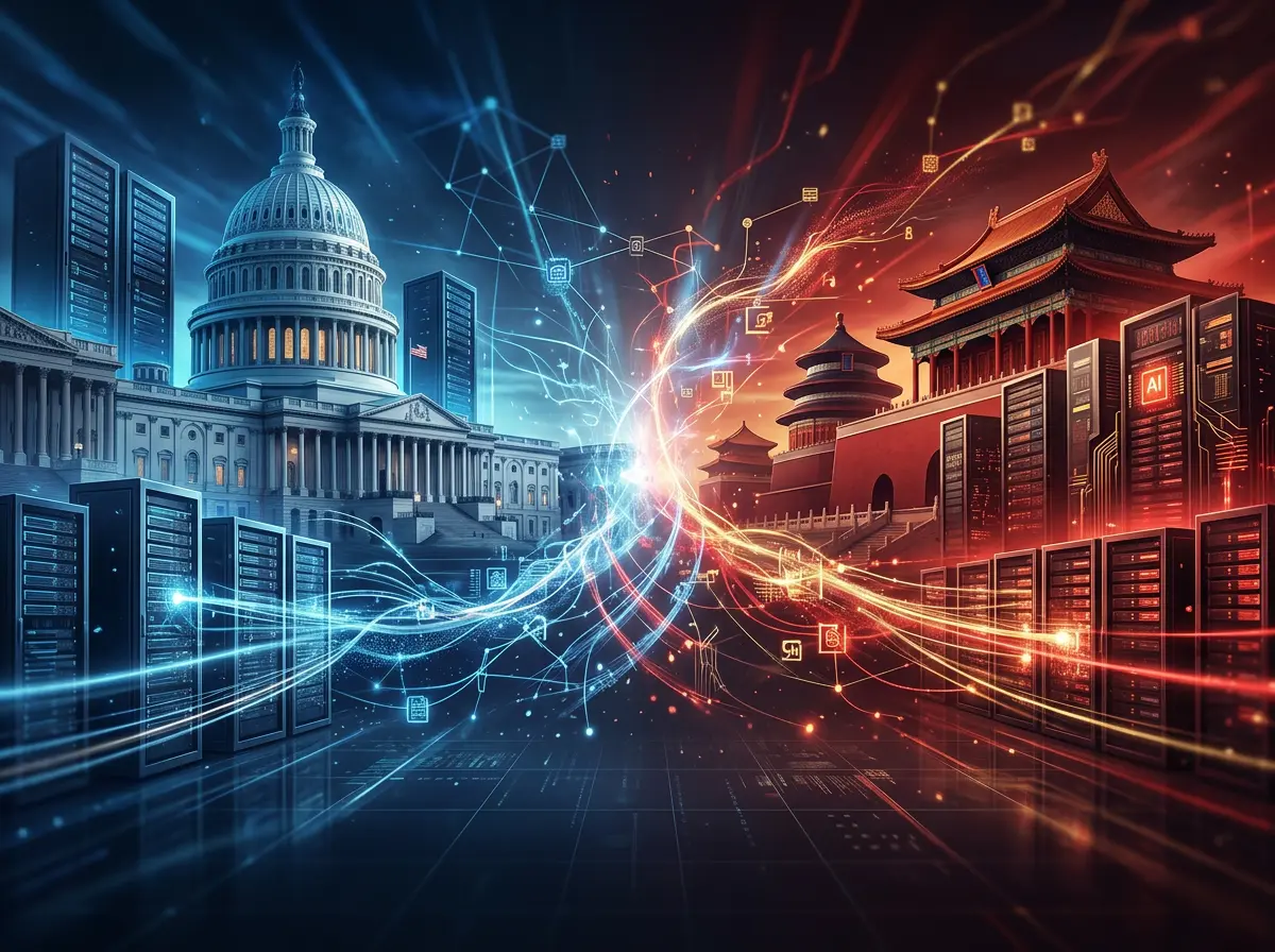 Geopolitisk AI-kappløp mellom USA og Kina illustrert med datastrømmer og arkitektur