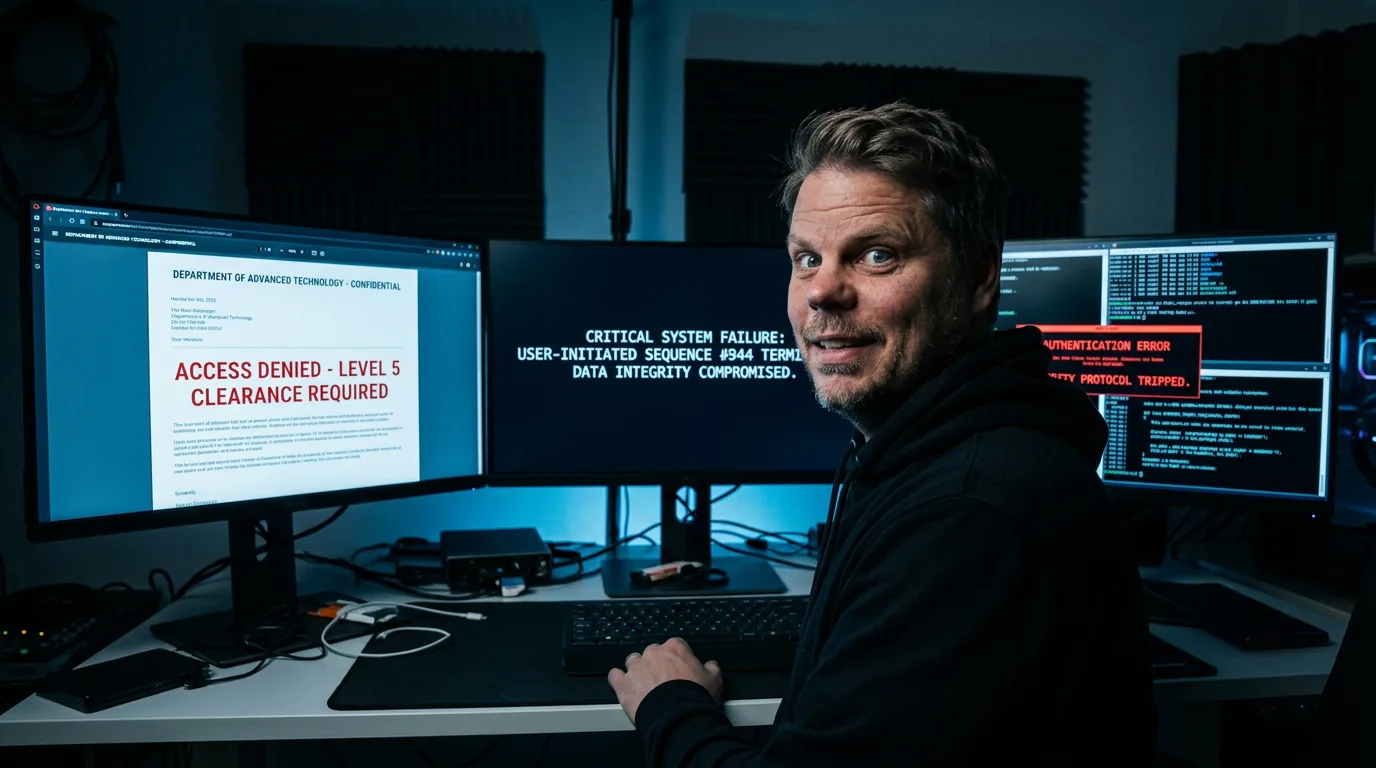 Mann ser på skjermer med advarselsmeldinger om tilgangsnekt fra myndighetene