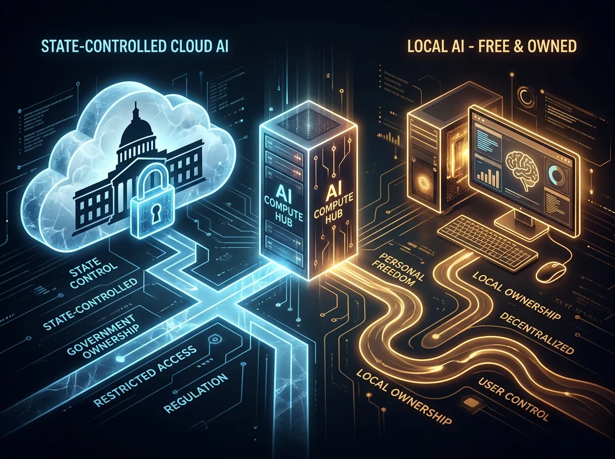Illustrasjon av to veier fra en server: statskontrollert sky-AI og frittliggende lokal AI