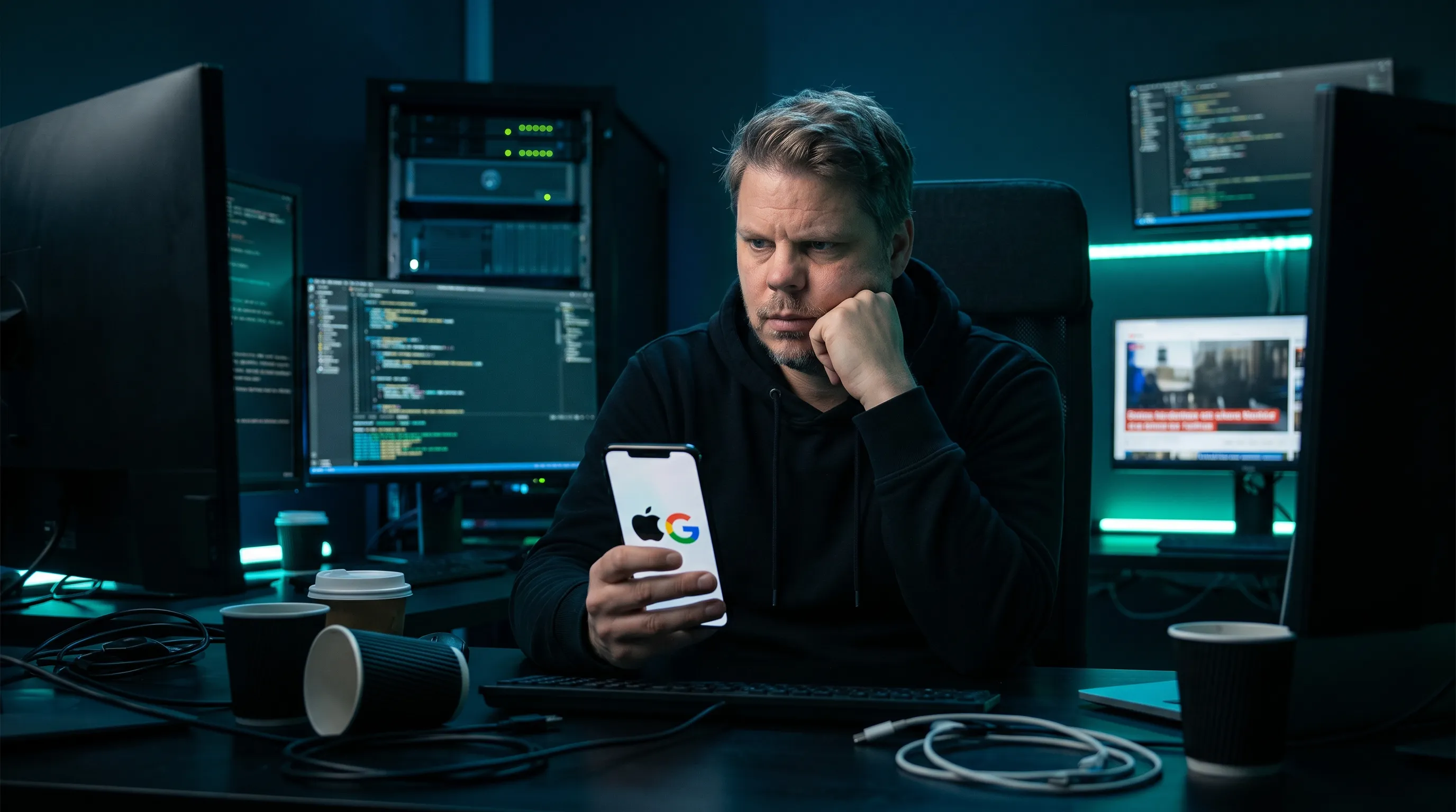 Jan Sverre ser skeptisk på iPhone med Apple og Google-logoer som smelter sammen