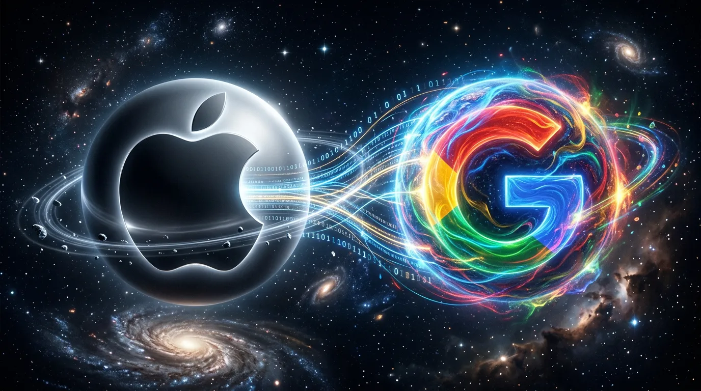 Abstrakt visualisering av Apple og Google som planeter med datastrømmer mellom seg