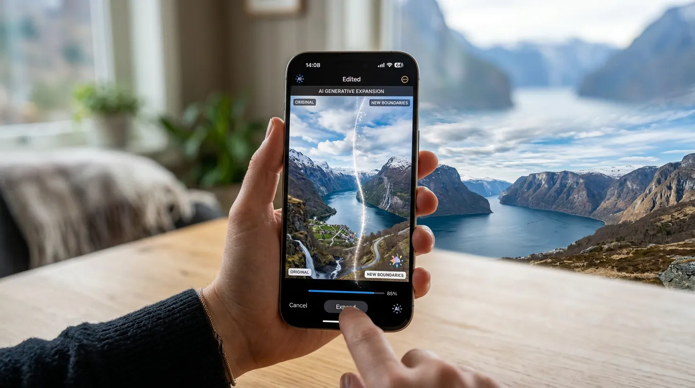 iPhone Photos-app med AI-bildeutvidelse som viser norsk fjordlandskap utvidet sømløst