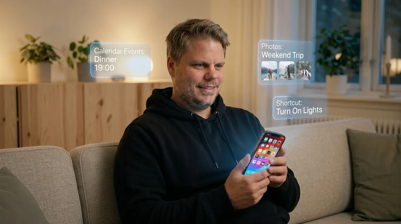 Jan Sverre holder iPhone med Apple Intelligence-funksjoner aktive, holografiske overlays viser kalender og snarveier