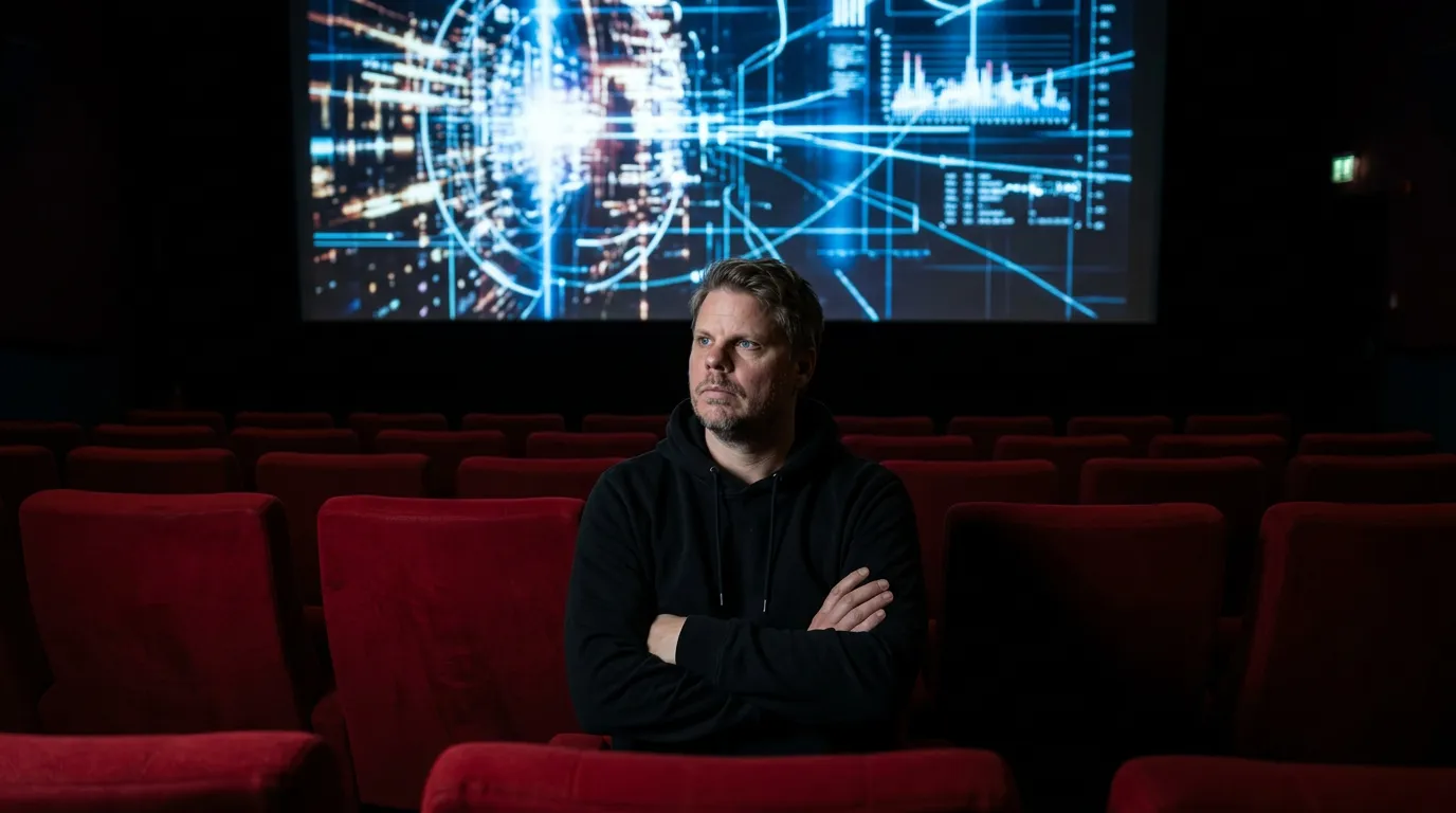 Jan Sverre i mørkt kinosal mens skjermen viser AI-møter Hollywood