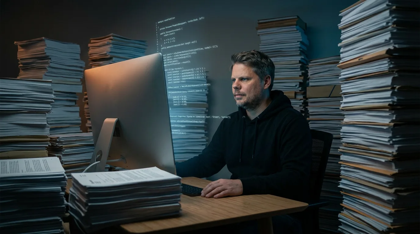 Person omgitt av store dokumentbunker mens AI-modellen parser og strukturerer innholdet på skjermen