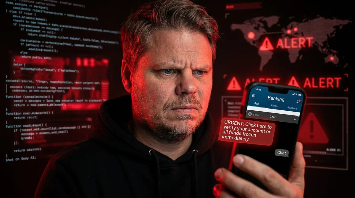 Jan Sverre ser skeptisk på telefonen sin mens en bank-AI-assistent viser en mistenkelig melding