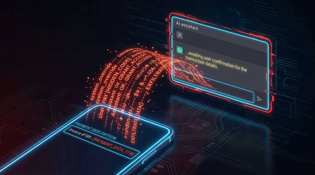 Visualisering av prompt injection-angrep der skjulte instruksjoner flyter fra betalingsbeskrivelse inn i AI-assistentens kontekst