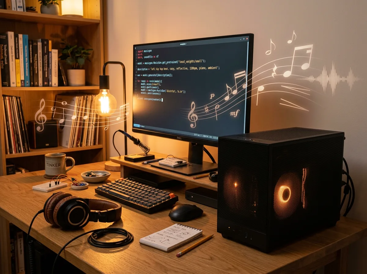 Hjemmemaskin med åpen kildekode og musikalske noter - illustrasjon av lokal AI-musikk med Ace Step