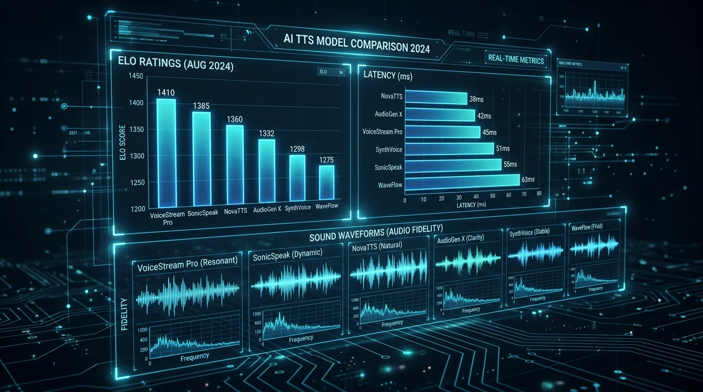 Holografisk datavisualisering av TTS-modell benchmarks og ELO-rangering