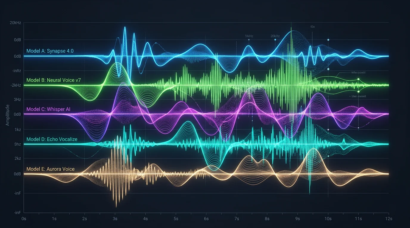 Abstrakt visualisering av lydbølger fra ulike AI stemmemodeller