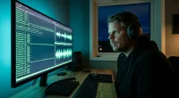 Mann med hettegenser lytter konsentrert til AI-generert norsk tale på hjemmekontor med terminal-skjerm