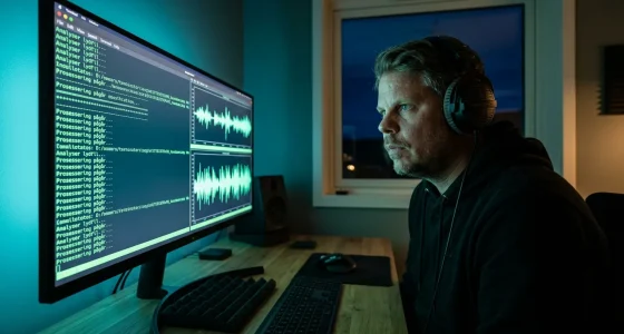 Mann med hettegenser lytter konsentrert til AI-generert norsk tale på hjemmekontor med terminal-skjerm
