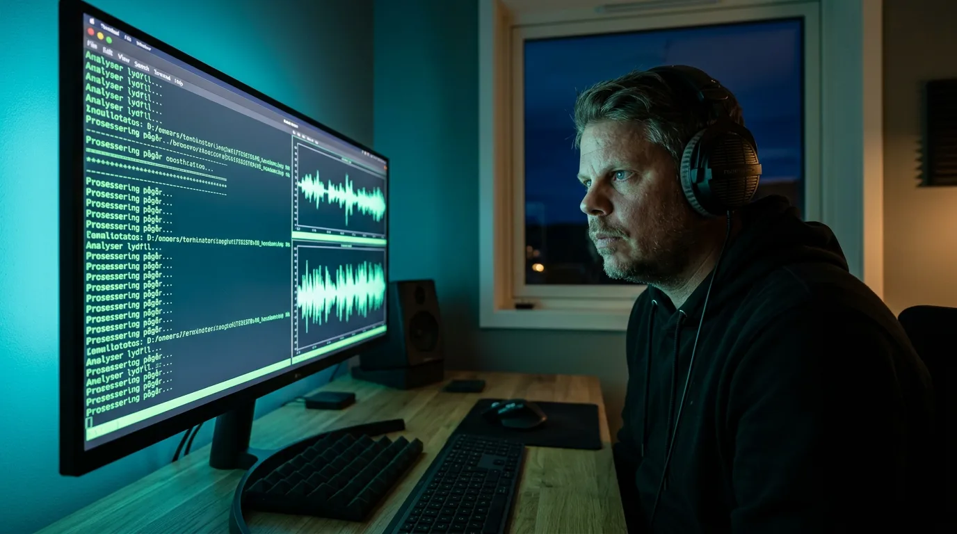 Mann med hettegenser lytter konsentrert til AI-generert norsk tale på hjemmekontor med terminal-skjerm