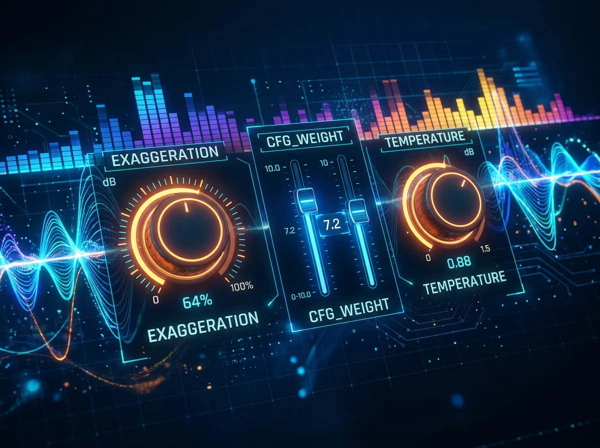 Visualisering av Chatterbox TTS-parametere exaggeration, cfg_weight og temperature som kontrollknapper med lydbølger