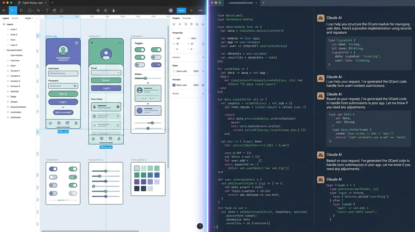 Illustrasjon som viser Figma design-grensesnitt på venstre side og Claude AI-kodeeditor på høyre side