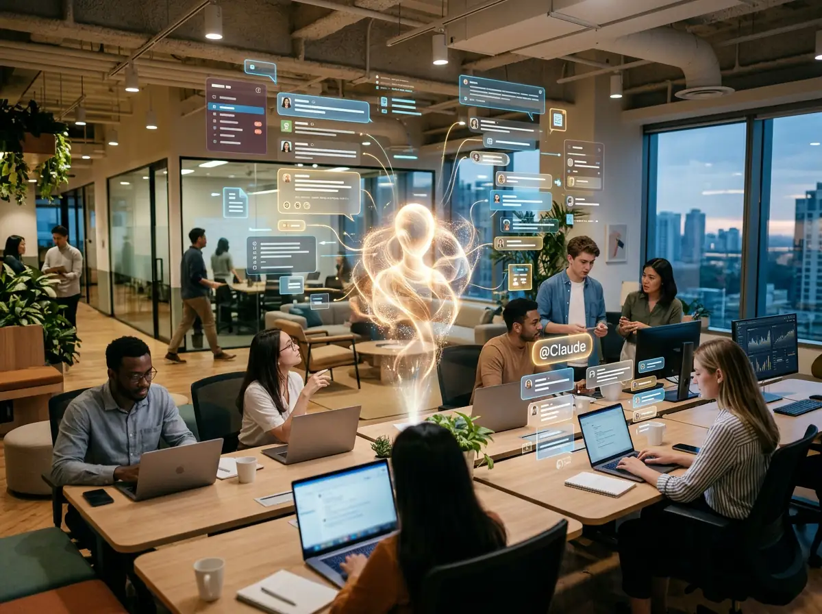 Holografiske Slack-meldinger og AI-avatar integrert i moderne kontorlandskap med team