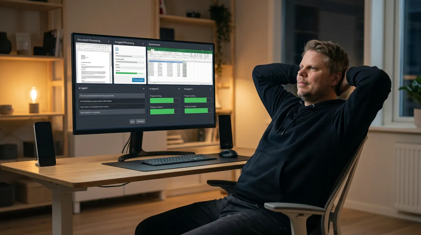 Mann i hettegenser ser på en skjerm der Copilot Cowork-agenter behandler oppgaver automatisk