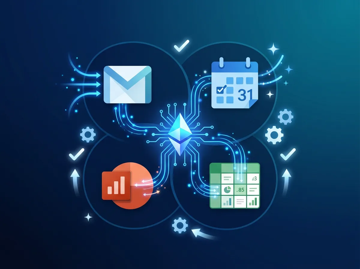 Illustrasjon av AI-agent som automatisk behandler data på tvers av Microsoft 365-apper