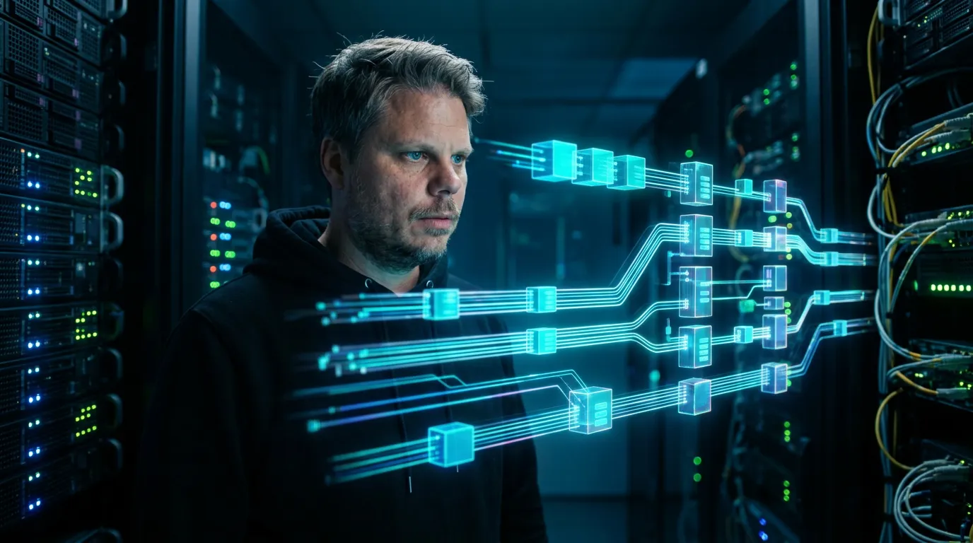 Jan Sverre utforsker DFlash spekulativ dekoding - parallell token-generering visualisert som lysstrømmer i et serverrom